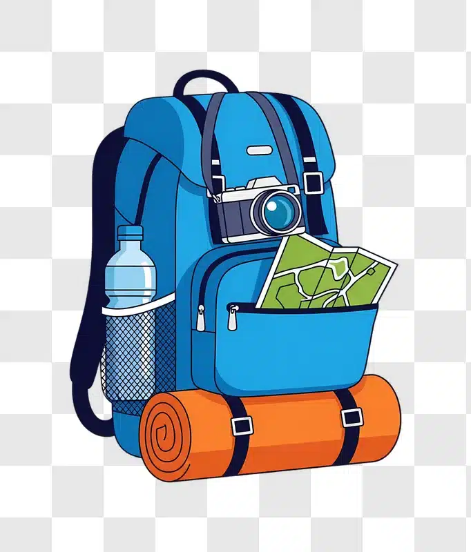 illustrated blue backpack with travel gear edited