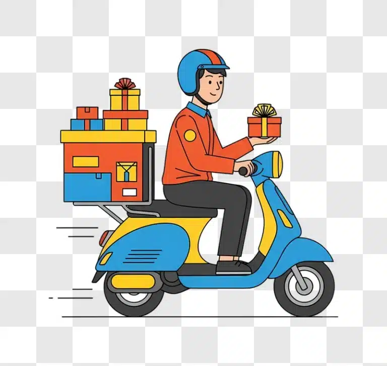 illustrated courier delivering gifts on scooter edited