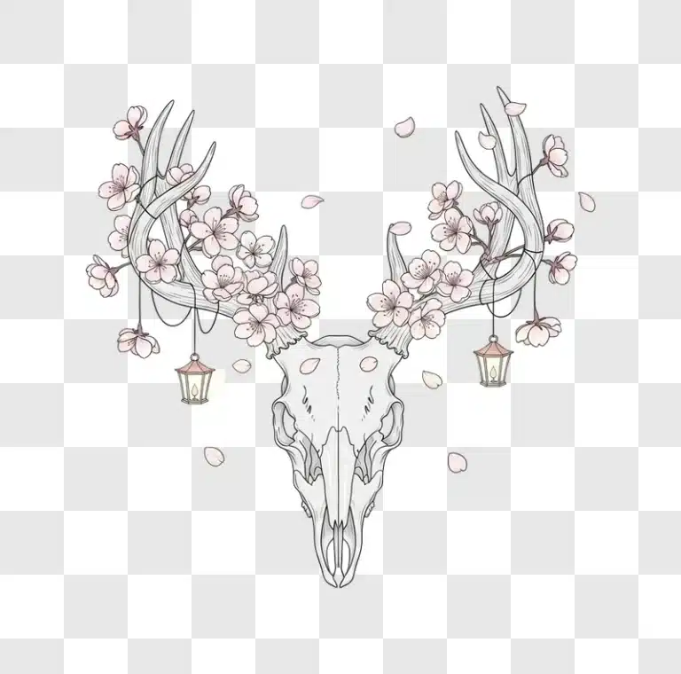 illustrated deer skull with sakura and lanterns edited