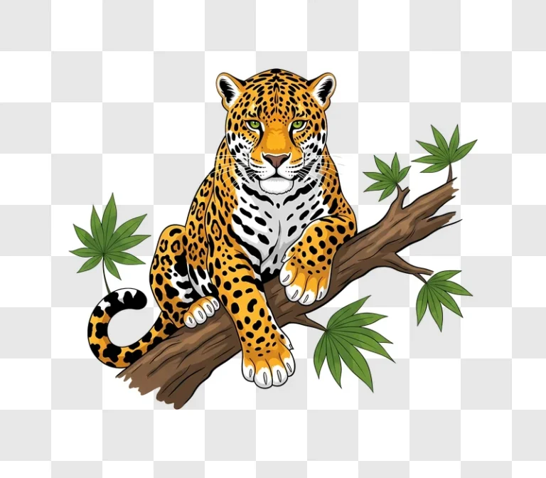 illustrated jaguar on tree branch with leaves edited