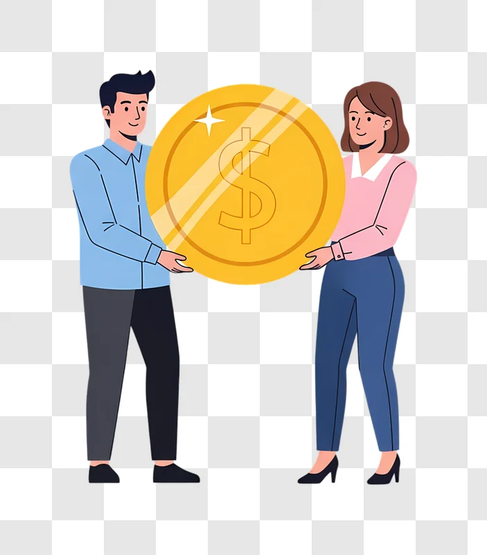 illustrated man and woman holding giant golden coin edited