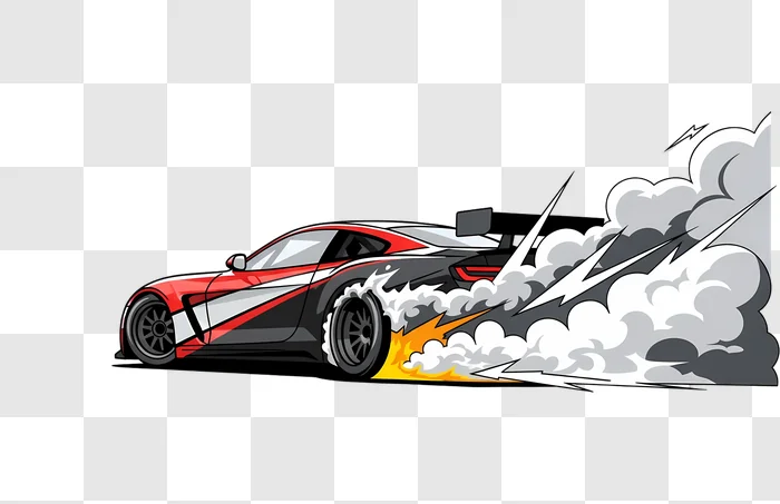 illustrated red sports car drifting with smoke and flames edited