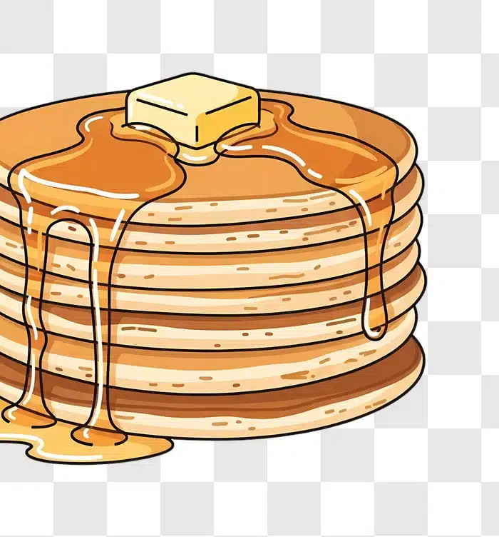 illustrated stack of pancakes with dripping syrup and butter edited
