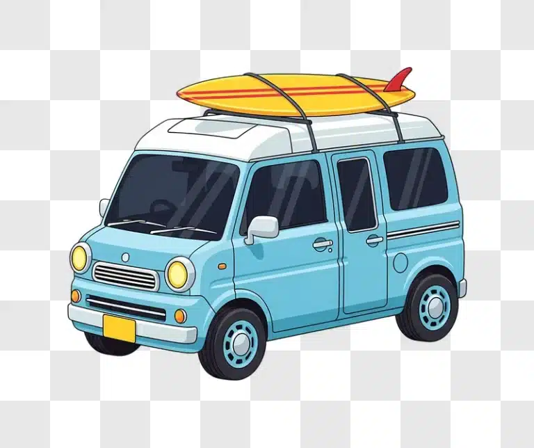light blue kei van with surfboard cartoon