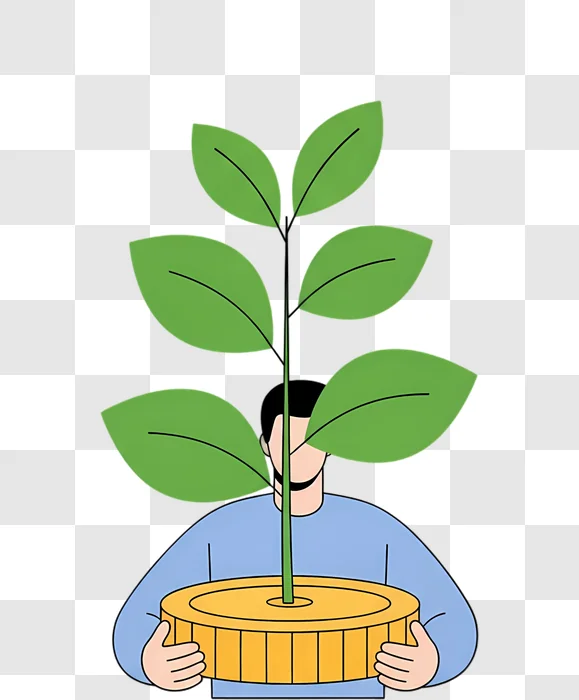 man illustrating financial growth with plant edited