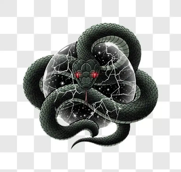 menacing black snake coiled around cracked cosmic orb edited