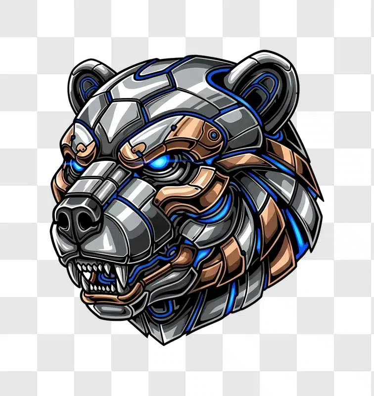 metallic bear head with glowing blue eyes edited