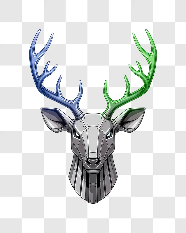 metallic cybernetic deer head blue green antlers edited