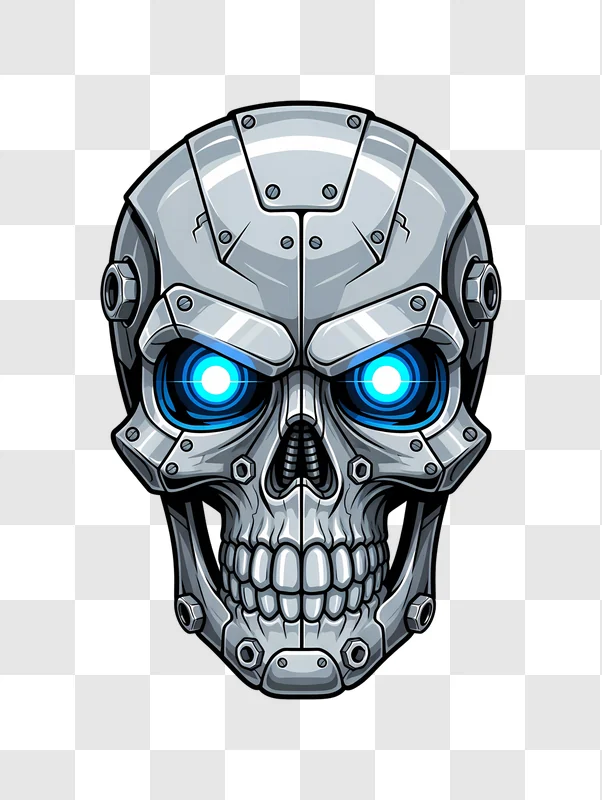 metallic robot skull with glowing blue eyes edited