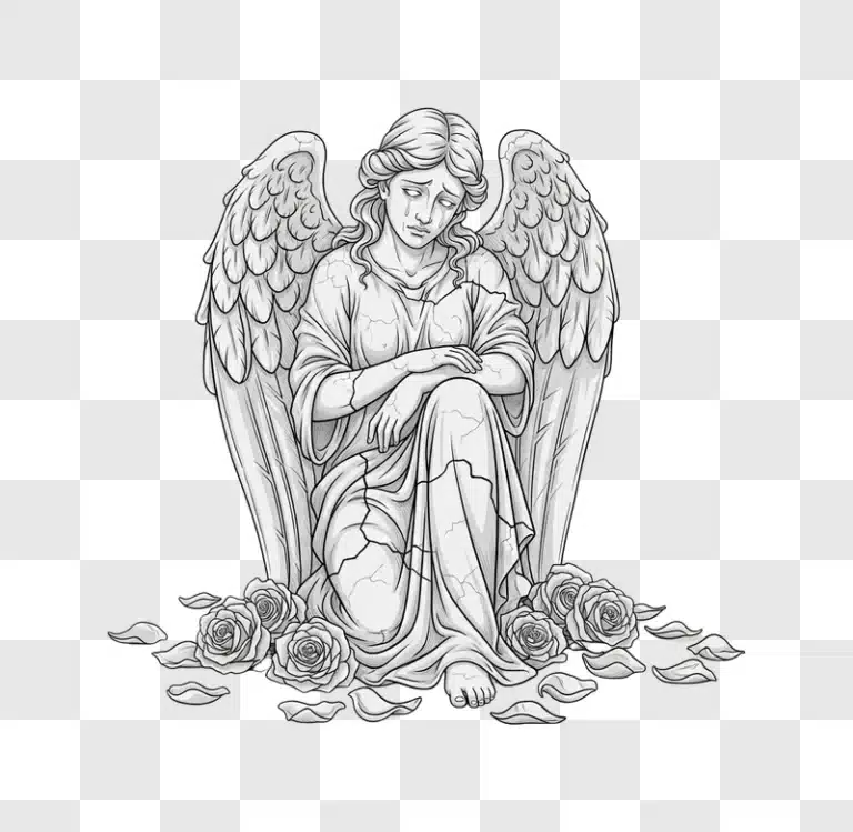 mourning angel kneeling among roses line art edited