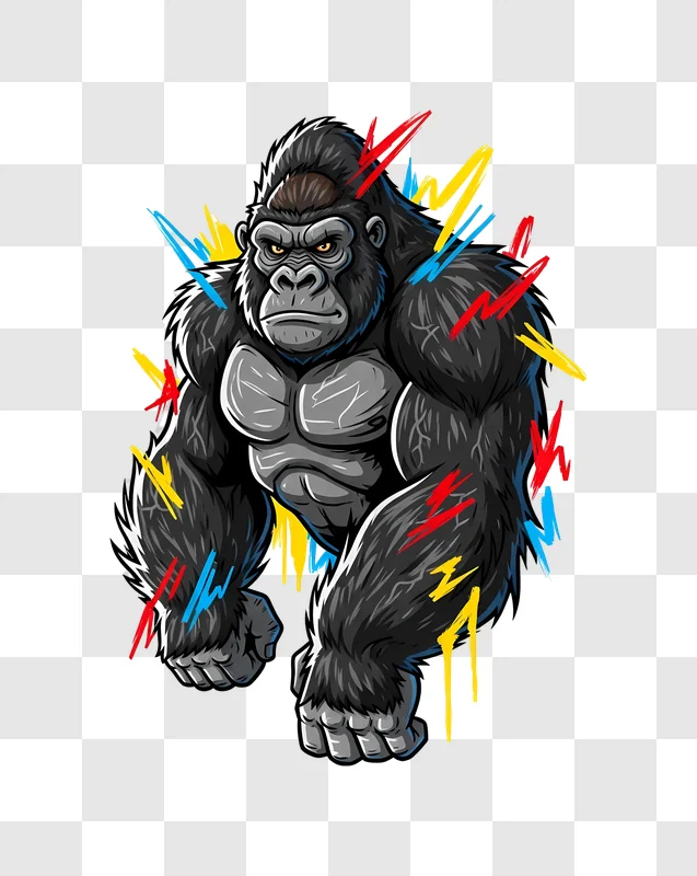 muscular gorilla illustration with bright paint splatters edited