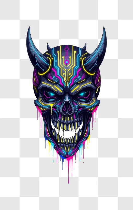 neon cybernetic horned skull glitch art edited