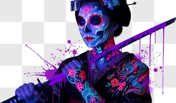 neon geisha with katana and sugar skull face edited