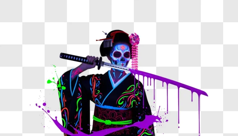 neon kimono woman skull makeup wielding katana edited