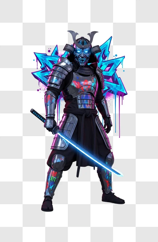 neon samurai in graffiti armor with glowing katana edited