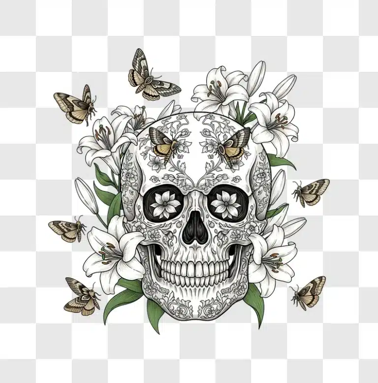 ornate sugar skull with lilies and moths edited