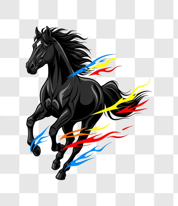powerful black horse running with colorful flames edited