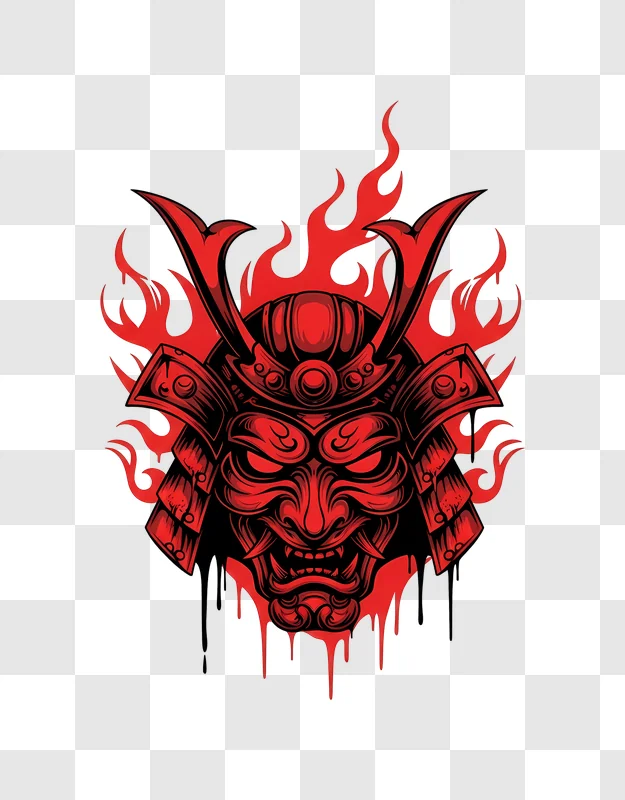 red demonic samurai mask with flames and drips edited