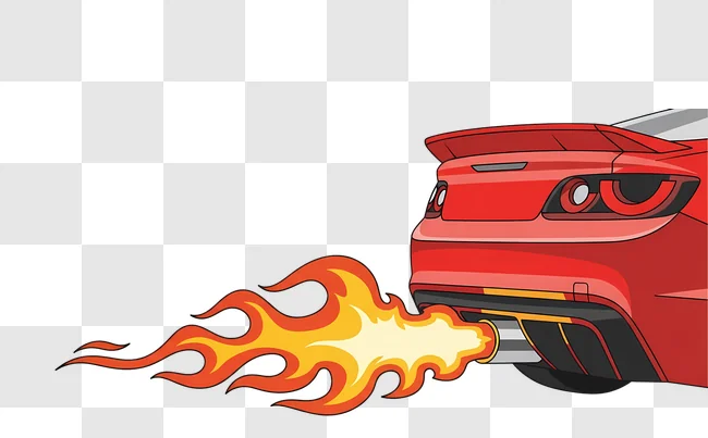 red sports car with flaming exhaust on black edited