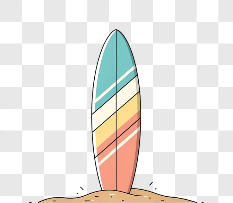 retro striped surfboard stuck in sand edited