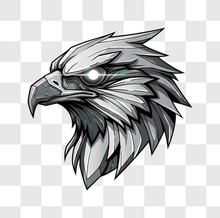 robotic eagle head with glowing eye on dark edited