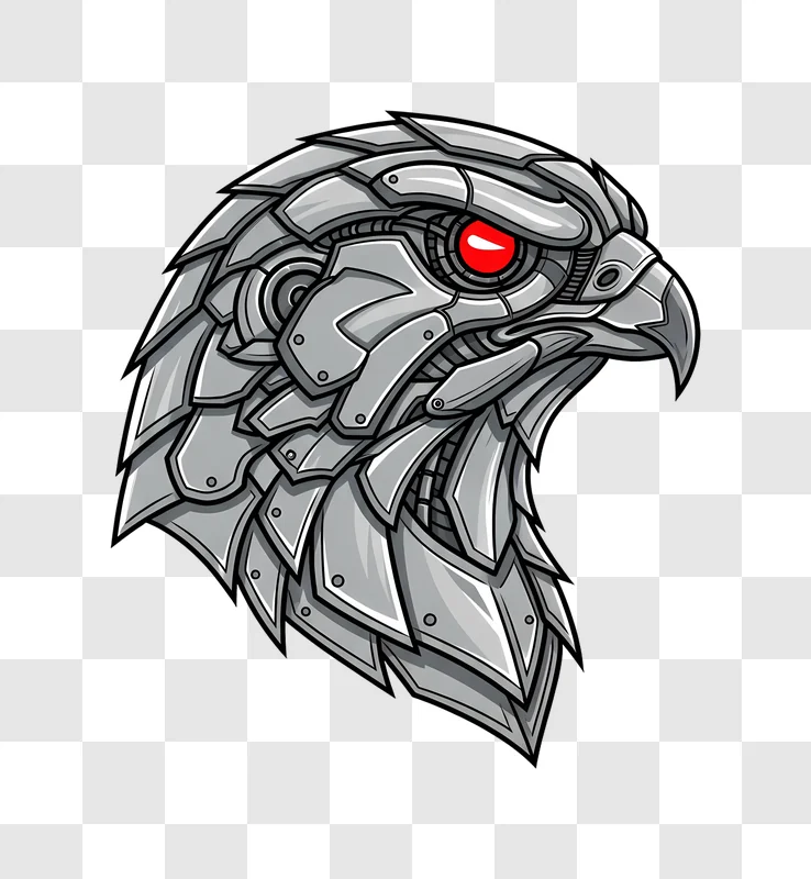 robotic falcon head with red eye edited