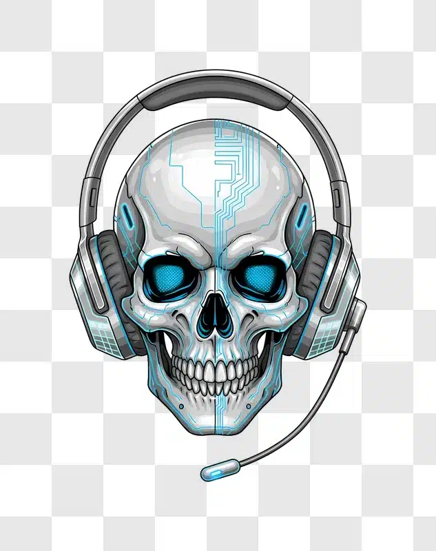 robotic skull with glowing blue circuitry headset edited