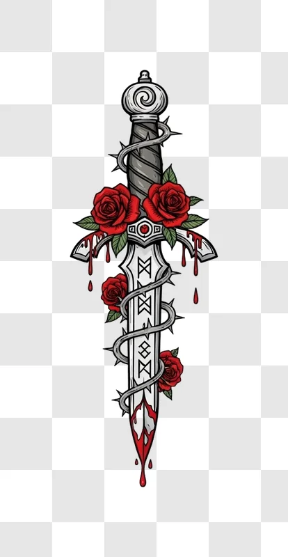 runic sword tattoo with red roses and blood edited