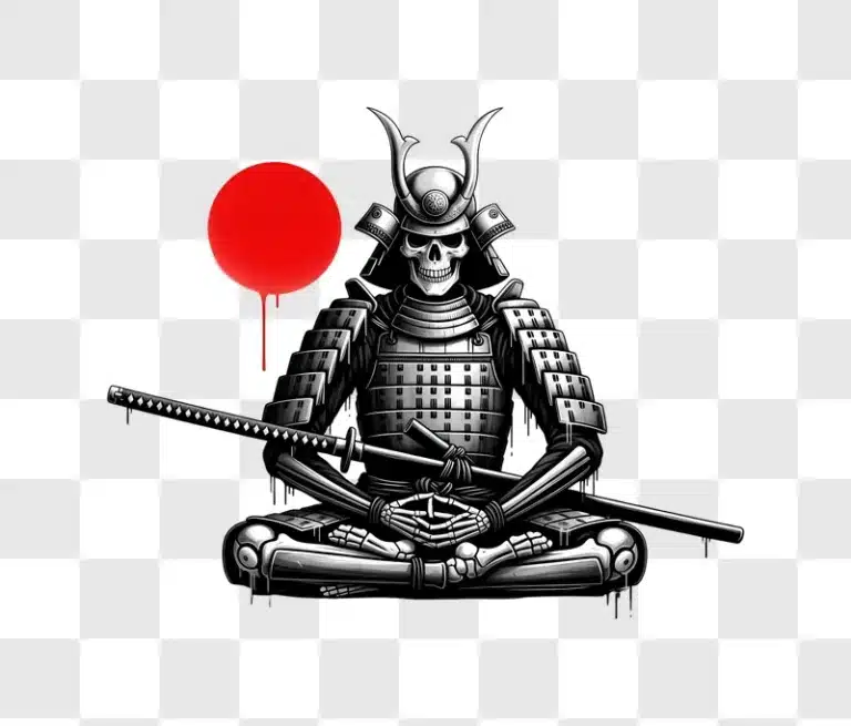 samurai skeleton meditating with katana abstract background edited