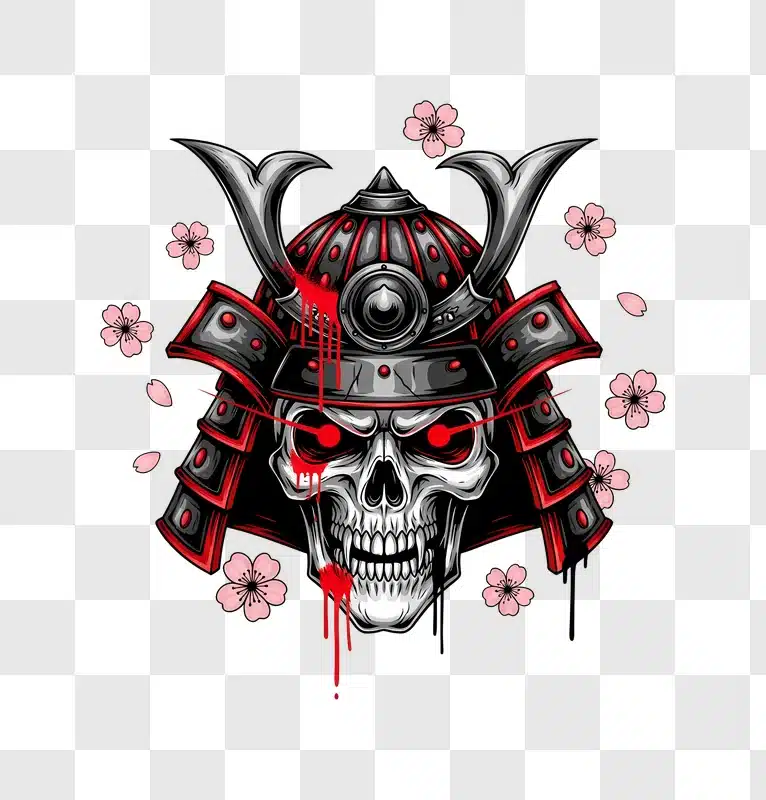 samurai skull with red eyes and sakura petals edited