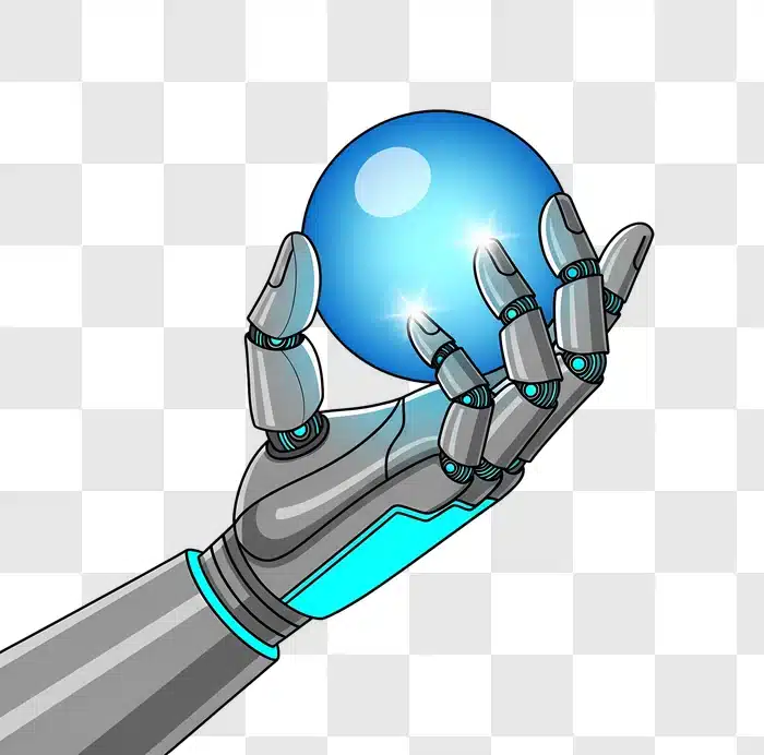 scifi robotic hand holding glowing blue orb edited