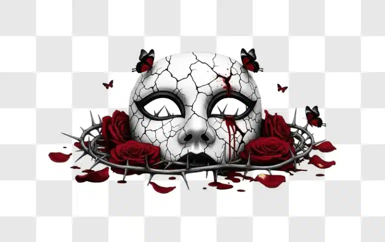 shattered mask with bloody tears thorns red roses edited