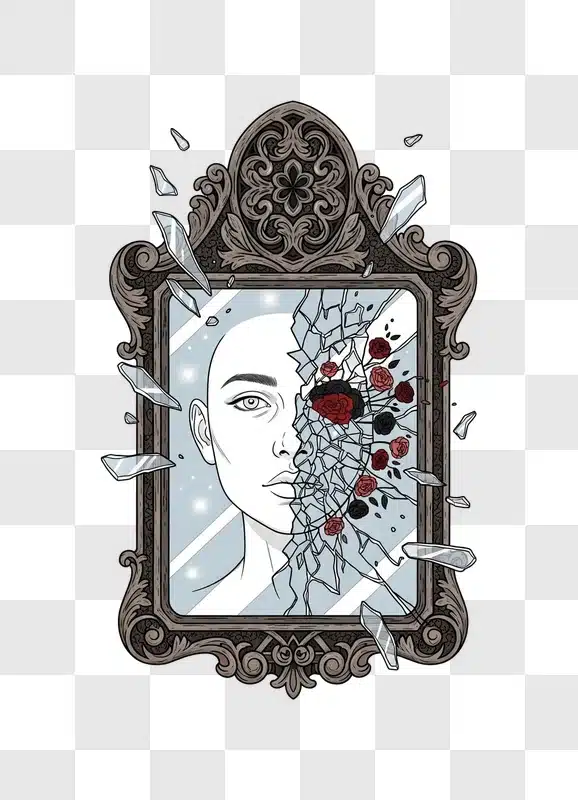 shattered mirror reflecting woman and dark roses edited