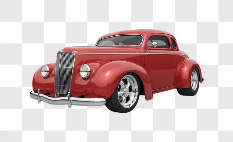shiny red hot rod coupe with chrome wheels isolated edited