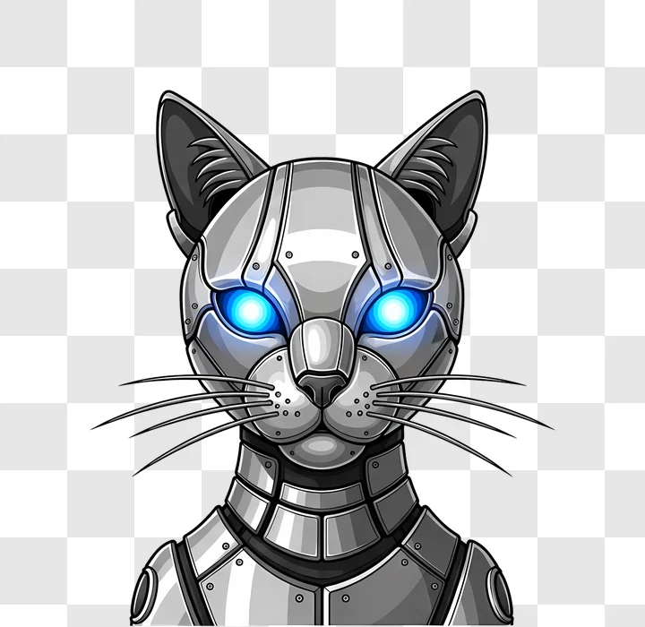 silver cyborg cat with glowing blue eyes edited