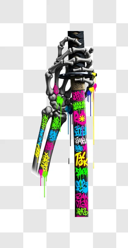 skeletal hand holding graffiti katana with neon drips edited