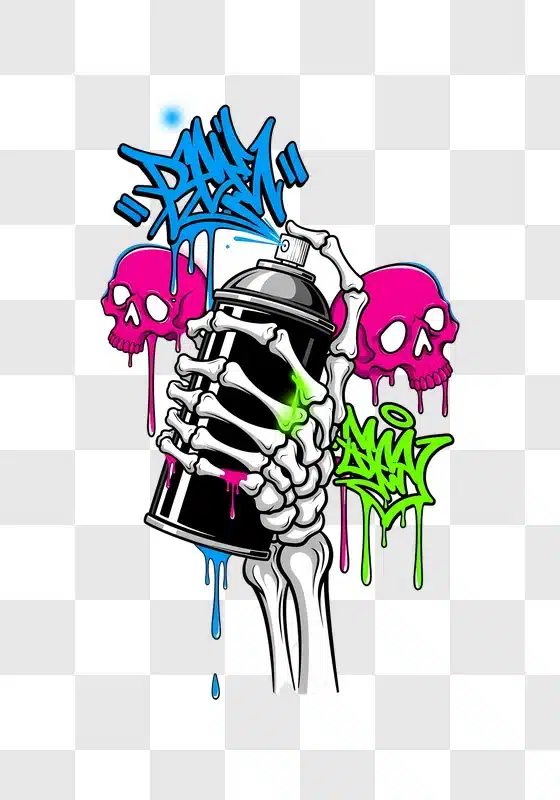 skeletal hand spraying vibrant graffiti with skulls edited