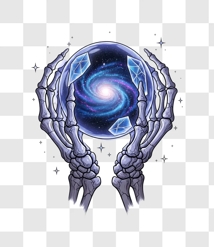 skeletal hands holding galaxy orb with crystals edited