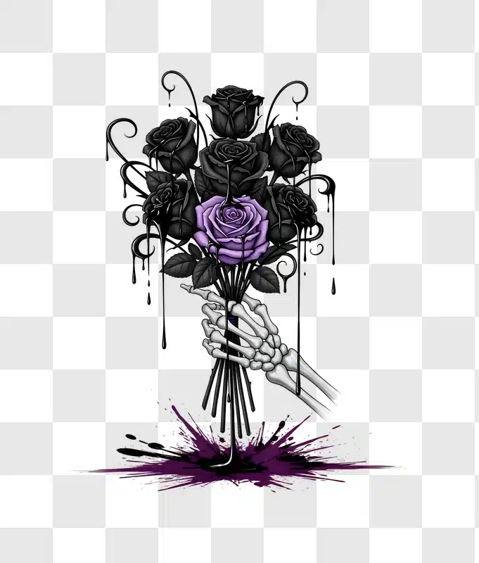 skeleton hand holding dripping ink roses with splash edited