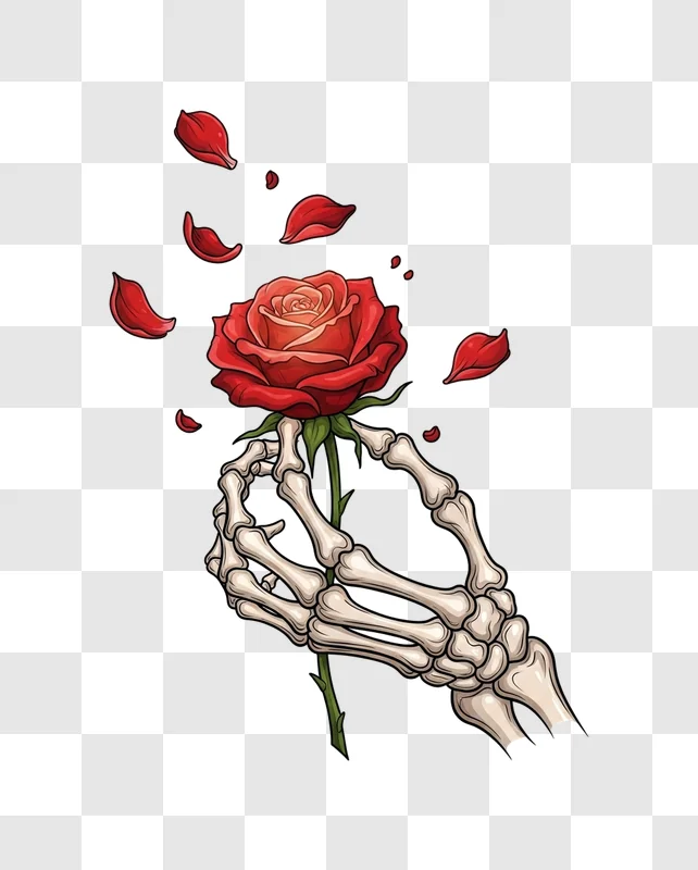 skeleton hand holding red rose with falling petals edited