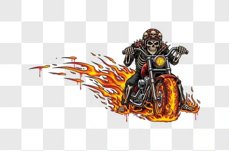 skeleton rider with skull helmet on flaming bike edited