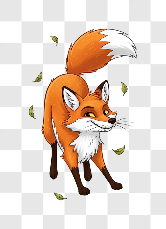 sly cartoon fox stretching with falling leaves edited
