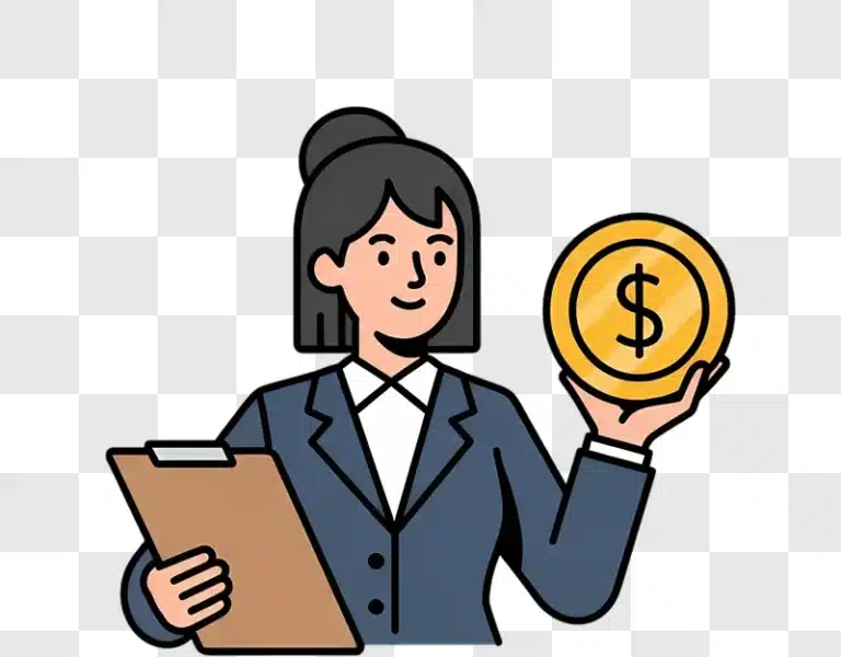 smiling business woman with coin and clipboard edited