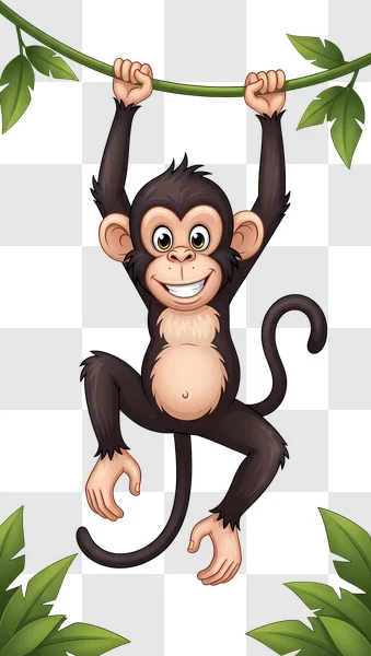 smiling cartoon monkey hanging from a vine edited