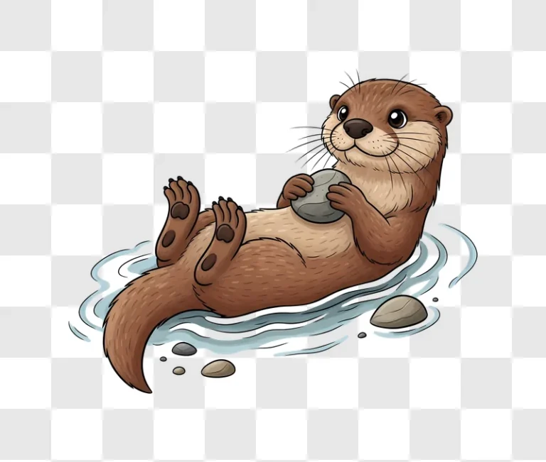 smiling cartoon otter holding rock on water edited