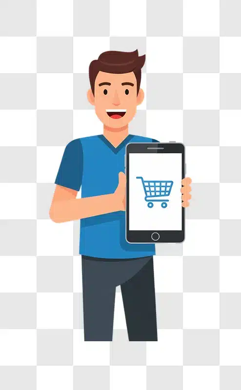 smiling man showing ecommerce app on phone edited