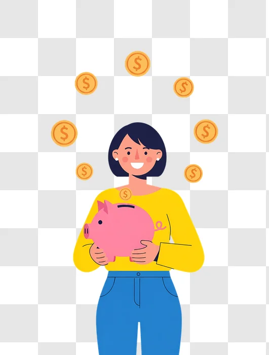 smiling woman illustration holding piggy bank with coins edited