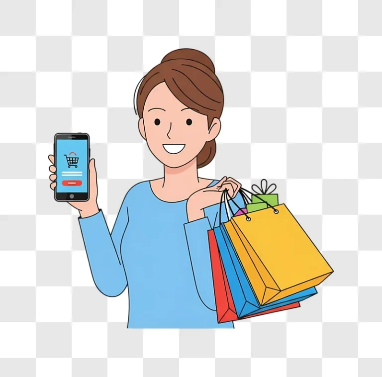 smiling woman online shopping with bags edited