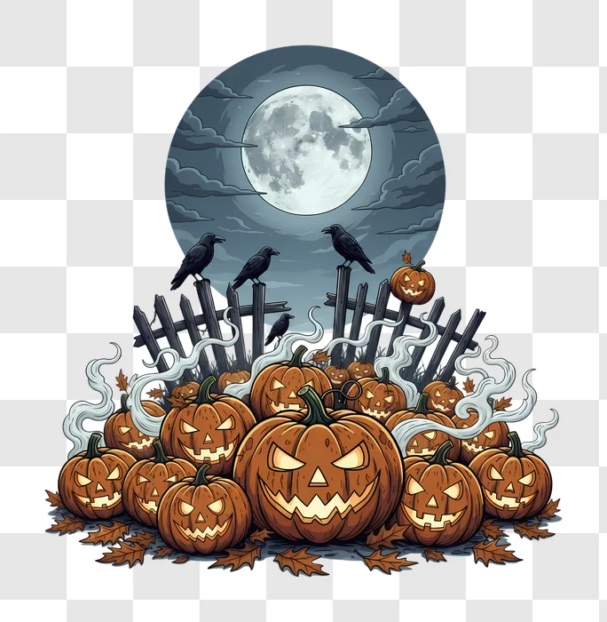 spooky halloween pumpkins and crows under a full moon edited