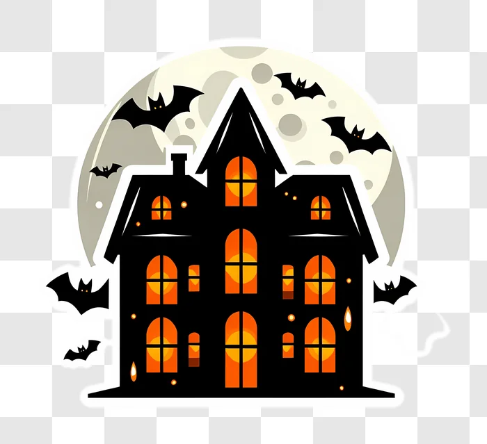 spooky haunted house with bats and full moon illustration edited